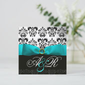 BLAUW RIBBON TURQUASE WHITE BLACK DAMASK MONOGRAM KAART (Staand voorkant)