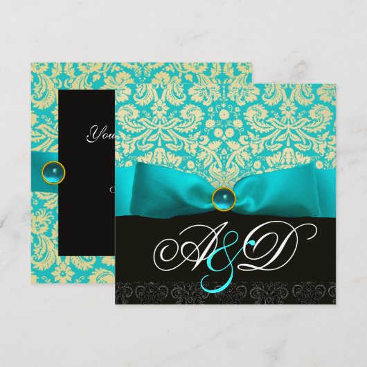 BLAUW RIBBON TURQUOISE WHITE BLACK DAMASKMONOGRAM KAART (Voorkant / Achterkant)