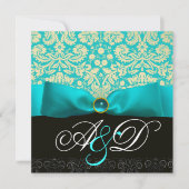 BLAUW RIBBON TURQUOISE WHITE BLACK DAMASKMONOGRAM KAART (Voorkant)