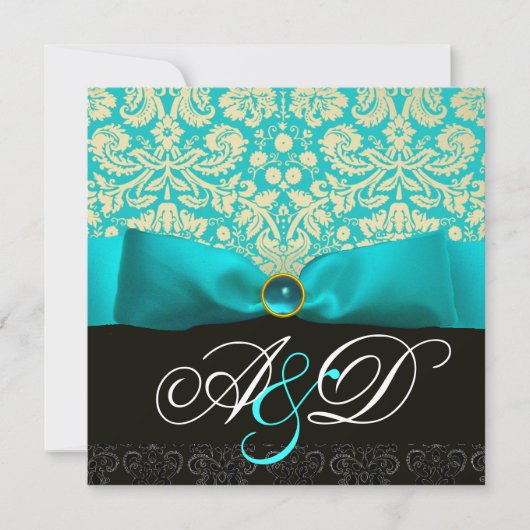 BLAUW RIBBON TURQUOISE WHITE BLACK DAMASKMONOGRAM KAART (Voorkant)