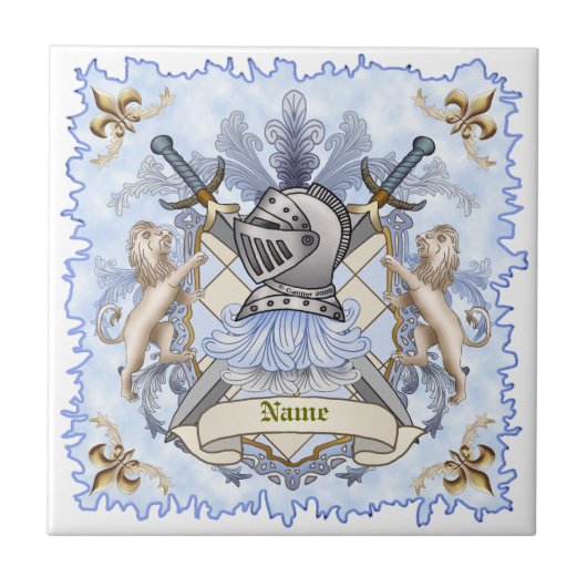 Blauw Ridder Familie Crest Achternaam Tegeltje (Voorkant)