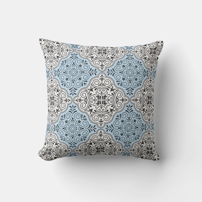 Blauw Rococo Patroon Bloei Kussen (Voorkant)