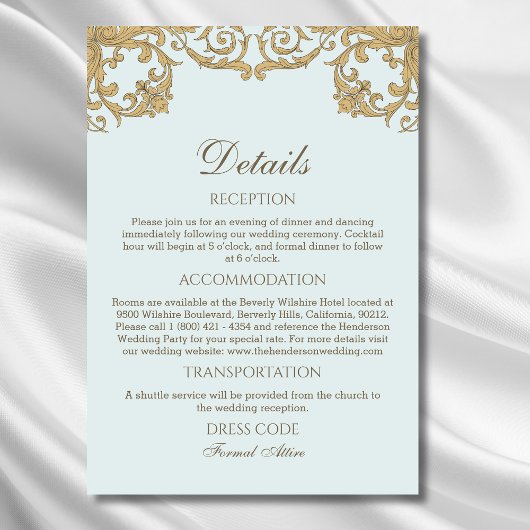 Blauw Rococo Vintage Wedding Details Informatiekaartje