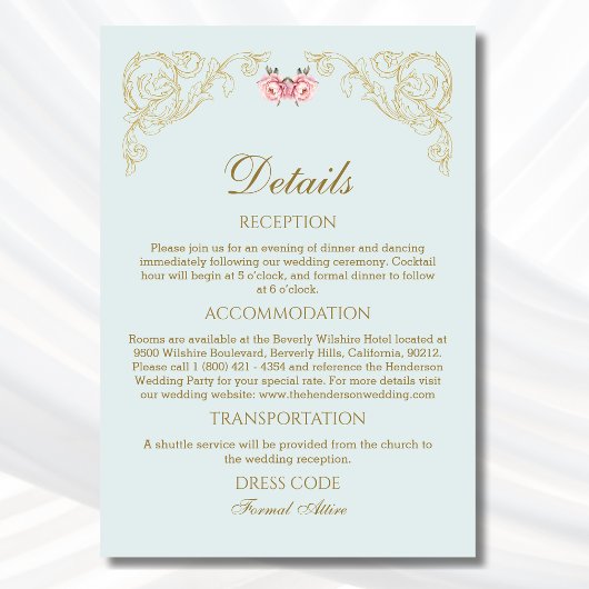 Blauw  Rococo Vintage Wedding Details Informatiekaartje