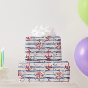 Blauw Rode Ankers Bloem Strepen Strand Verjaardag Cadeaupapier