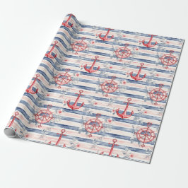 Blauw Rode Ankers Bloem Strepen Strand Verjaardag Cadeaupapier
