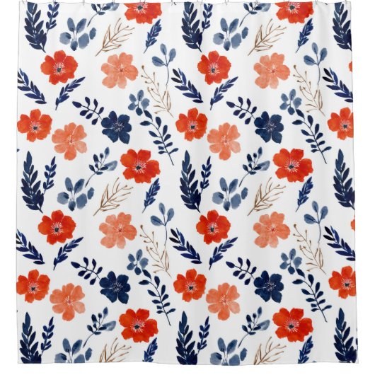 Blauw & Rode Bloemen Waterverf Esthetische Bloemen Douchegordijn (Voorkant)