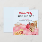 Blauw Rode Bloemrijke Picknickfeest Save The Date  (Voorkant / Achterkant)