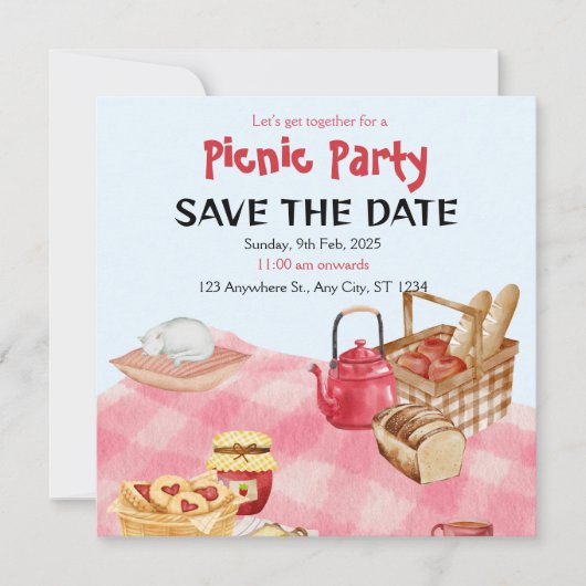 Blauw Rode Bloemrijke Picknickfeest Save The Date  (Voorkant)