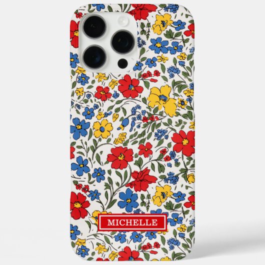 Blauw Rode en Gele Ditsy Bloemen Monogram Case-Mate iPhone Case (Achterkant)