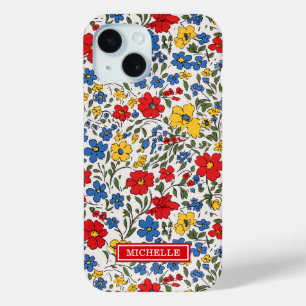 Blauw Rode en Gele Ditsy Bloemen Monogram iPhone 15 Case