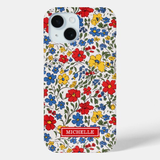 Blauw Rode en Gele Ditsy Bloemen Monogram Case-Mate iPhone Case (Achterkant)