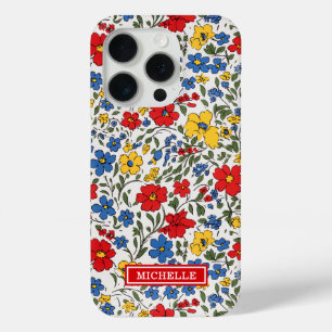 Blauw Rode en Gele Ditsy Bloemen Monogram iPhone 15 Pro Case