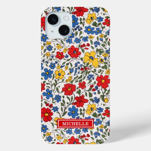 Blauw Rode en Gele Ditsy Bloemen Monogram Case-Mate iPhone Case (Achterkant)