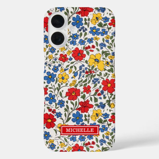 Blauw Rode en Gele Ditsy Bloemen Monogram Case-Mate iPhone Case (Achterkant)