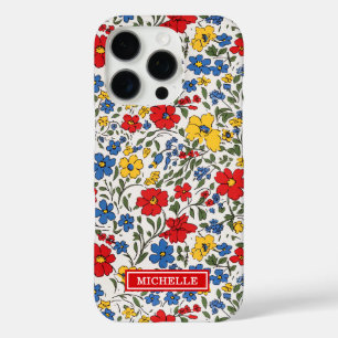 Blauw Rode en Gele Ditsy Bloemen Monogram iPhone 16 Pro Hoesje