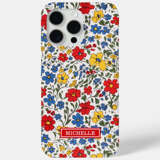 Blauw Rode en Gele Ditsy Bloemen Monogram Case-Mate iPhone Case (Achterkant)