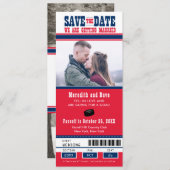 Blauw Rode Hockey Ticket Huwelijk Bewaar de Datum Save The Date (Voorkant / Achterkant)