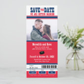 Blauw Rode Hockey Ticket Trouwkaart Save the Date (Staand voorkant)