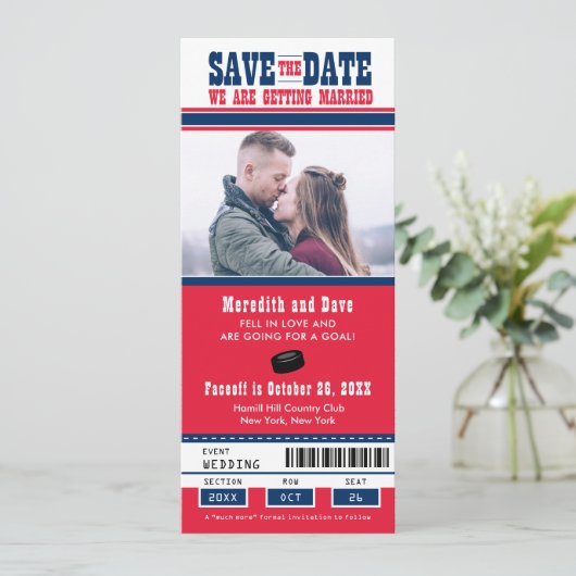 Blauw Rode Hockey Ticket Trouwkaart Save the Date (Staand voorkant)