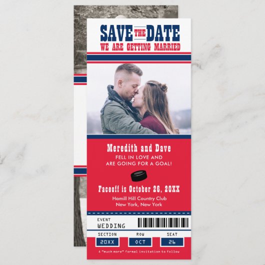 Blauw Rode Hockey Ticket Trouwkaart Save the Date (Voorkant / Achterkant)