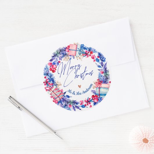 Blauw Rode Kerstkrans Ronde Sticker (Envelop)