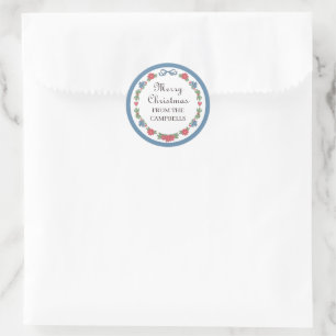 Blauw Rode Noordse Folk Frame Prettig Kerstfeest Ronde Sticker
