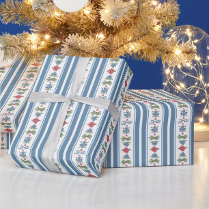 Blauw Rode Noordse Folkloristische Strepen Kerstmi Cadeaupapier