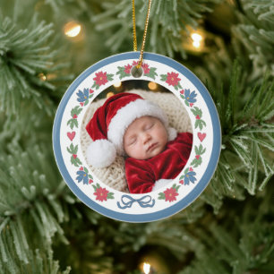 Blauw Rode Noordse Foto Eerste Kerstmis Baby Keramisch Ornament