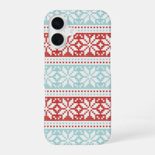 Blauw Rode Sneeuwvlokken Breipatroon Kerst iPhone 16 Hoesje