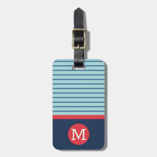 Blauw Rode Streep Monogram Naam Adres Bagage Label (Voorkant verticaal)