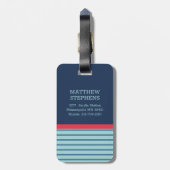 Blauw Rode Streep Monogram Naam Adres Bagage Label (Achterkant verticaal)