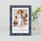 Blauw Rode Witte Gebreide Foto Kerstkaart (Staand voorkant)