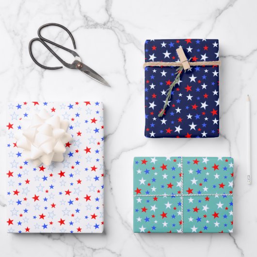 Blauw Rode Witte Sterren Inpakpapier Vel (Voorkant)