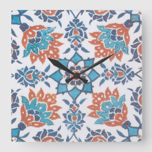 Blauw Rode Witte Vintage Bloem Kunsttegel Vierkante Klok