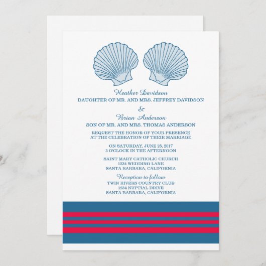 Blauw Rode Zee Schelpen Trouw Uitnodiging (Voorkant / Achterkant)