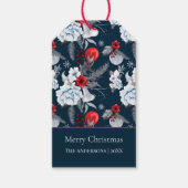 Blauw Rode Zilveren Bladerschap Merry Christmas Ca Cadeaulabel (Voorkant)