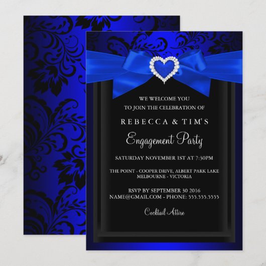 Blauw Romantisch Hart Verlovingsfeest Uitnodiging (Voorkant / Achterkant)