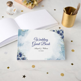 Blauw Romantische Elegante Bloemige Trouwgastboeke Gastenboek