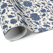 Blauw/Romig Wit  Draaiend Bloempatroon Cadeaupapier (Rol Hoek)