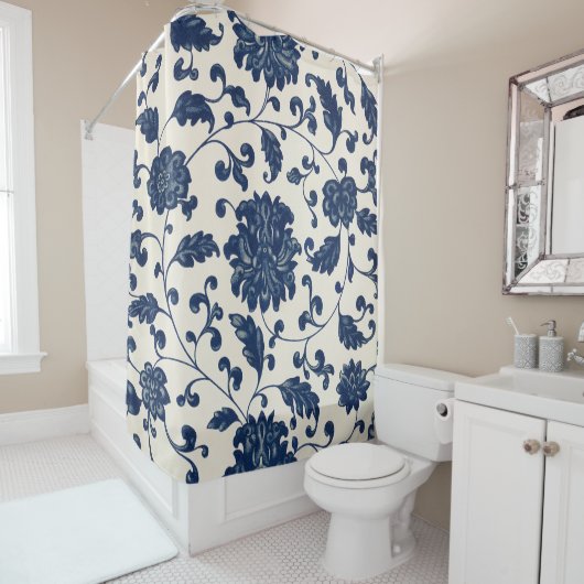 Blauw/Romig Wit  Draaiend Bloempatroon Douchegordijn (In situ)