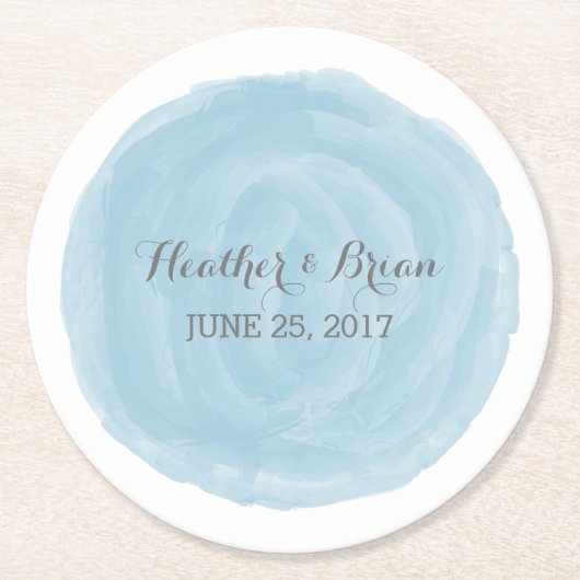 Blauw Ronde Waterverf Trouwpapier Onderzetters (Voorkant)