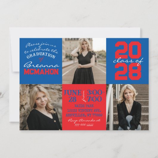 Blauw & Rood 3 Foto Afstuderen Uitnodiging (Voorkant)