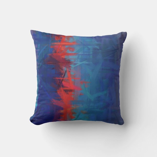 Blauw Rood Abstract Kunstschilderij Kussen (Voorkant)