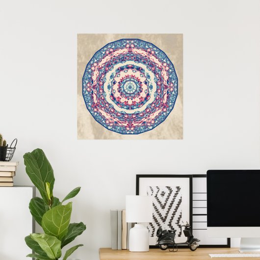 Blauw Rood Abstract Mandala Art Design Poster (Thuiskantoor)