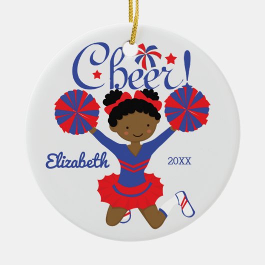 Blauw & Rood Afro-Amerikaans Cheerleader Ornament (Voorkant)