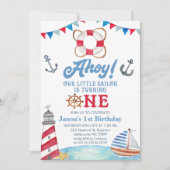 Blauw Rood Ahoy Onze Kleine Zeiler 1e Verjaardag Kaart (Voorkant)