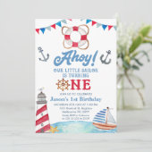 Blauw Rood Ahoy Onze Kleine Zeiler 1e Verjaardag Kaart (Staand voorkant)