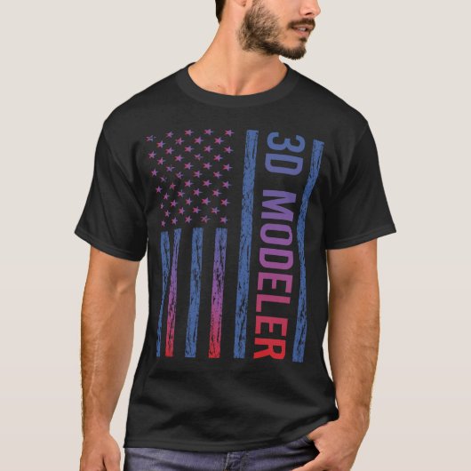 Blauw Rood Amerikaanse Vlag 3D Modeler T-shirt (Voorkant)
