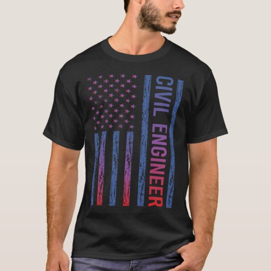 Blauw Rood Amerikaanse Vlag Burgerlijk Ingenieur T-shirt (Voorkant)
